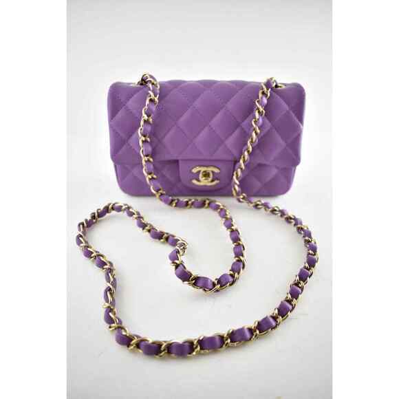Chanel 22P Purple Gold Chain Mini Flap Rectangle CC Logo Quilted Crossbody Bag - Picture 2 of 12